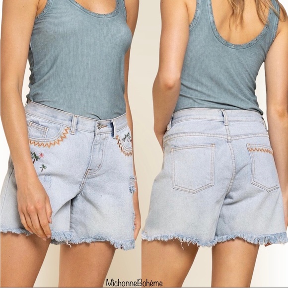 Boho Embroidered Distressed Denim Shorts - Picture 3 of 9
